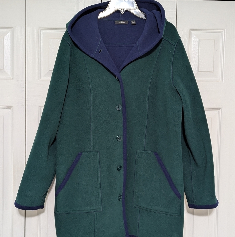 Susan Graver Dark Green/Navy Bonded Polar Fleece (Pea coat Style) Coat W/ Hood - Picture 1 of 11